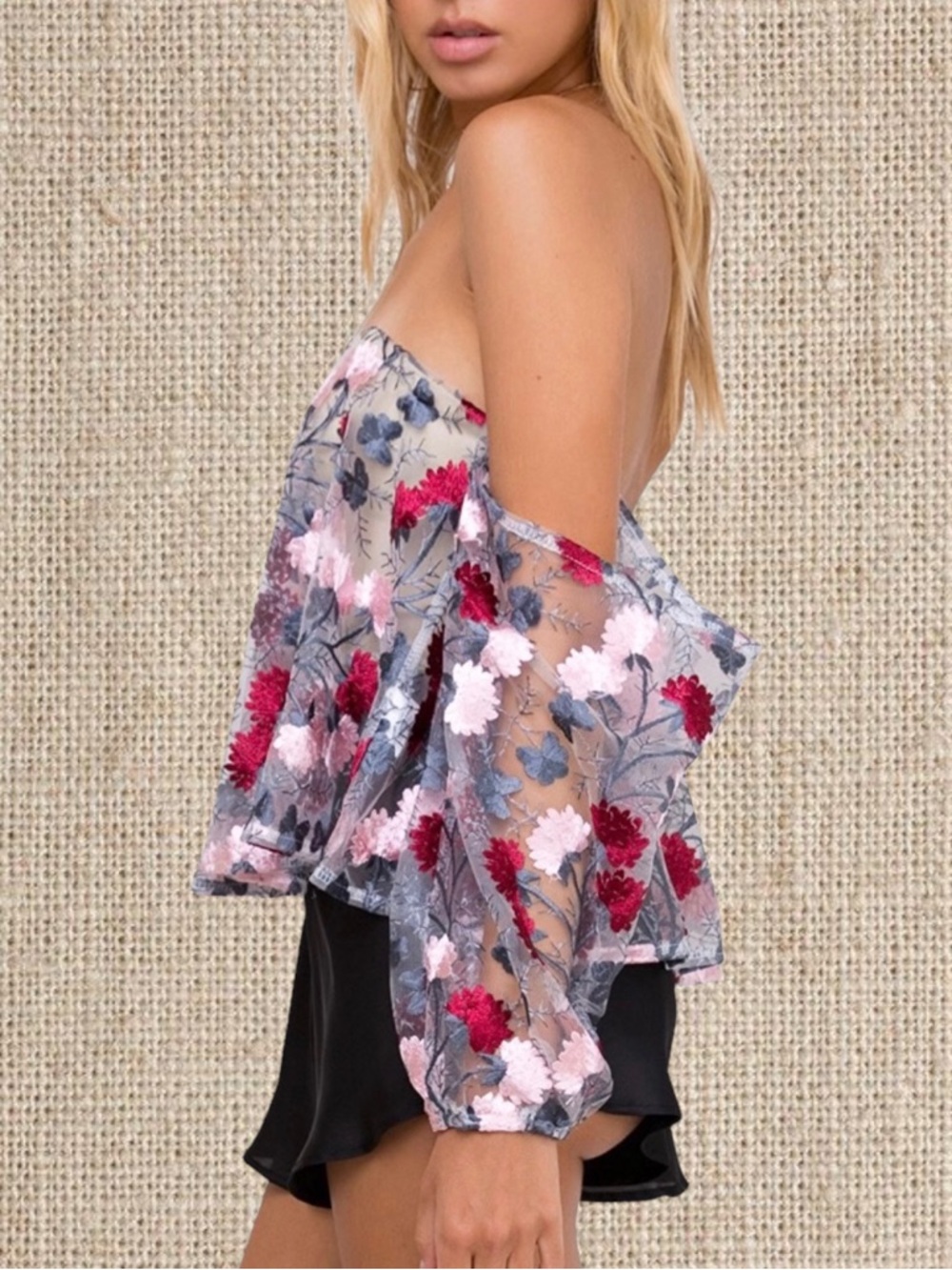 Floral Off-Shoulder Sheer Blouse in Pink & Red - Picture 3 of 3